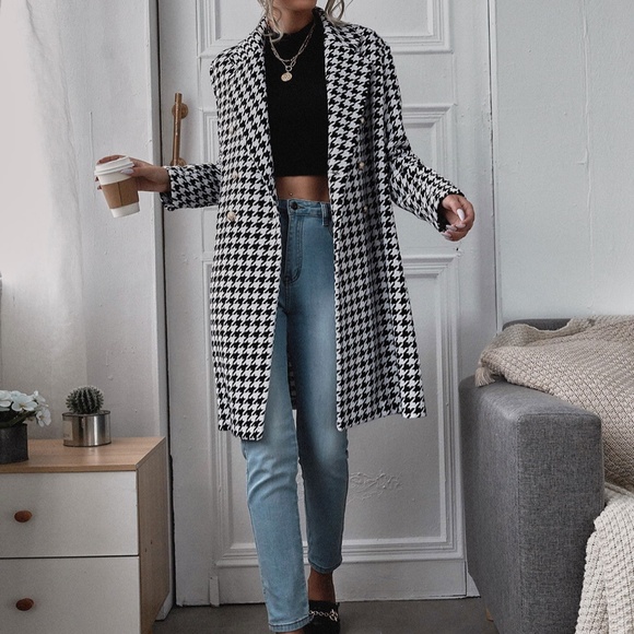 Classic houndstooth tweed double breast button Jacket Coat - Picture 3 of 4